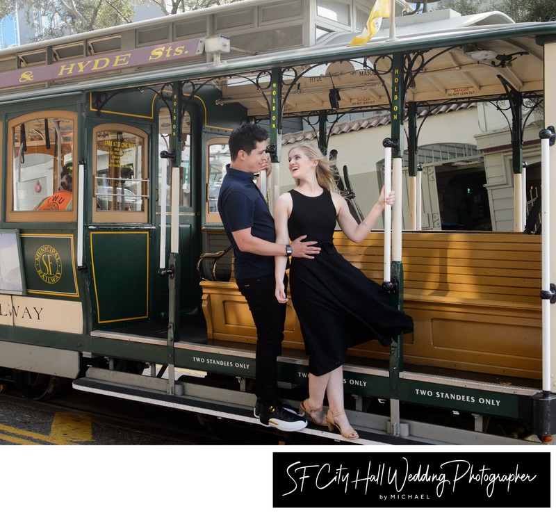 San Francisco Cable Car engagement portraits before City Hall Wedding