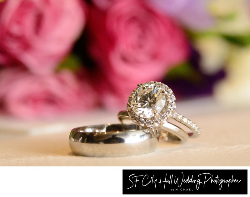 Close up Macro photography of the wedding rings at city hall