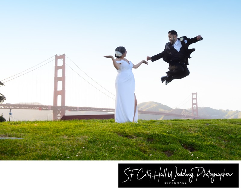 Crissy Field Jumping groom with Golden Gate Bridge background