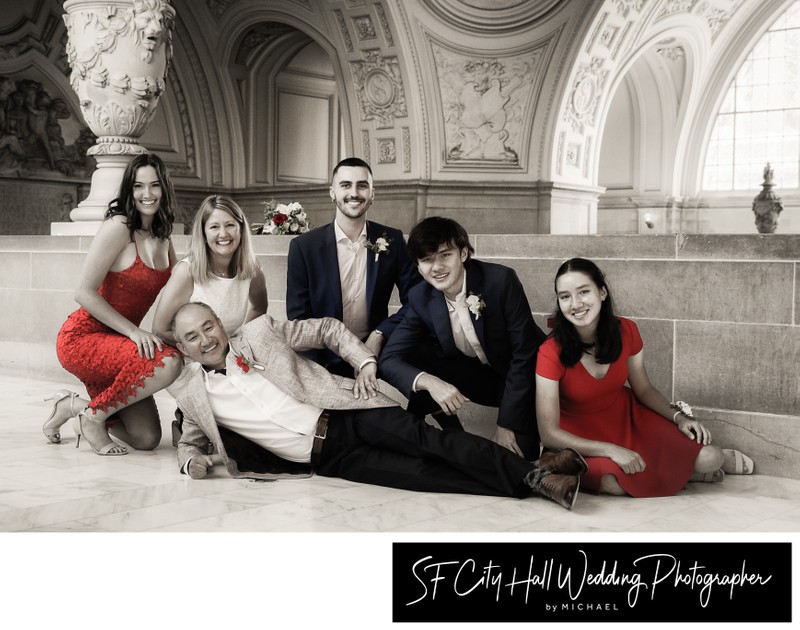 Family Photography at San Francisco city hall - Black and white with Color accents.