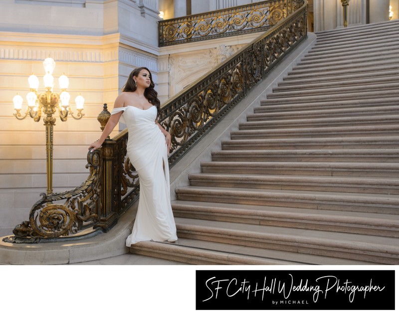Beautiful SF City Hall bride lounging on the Grand Staircase