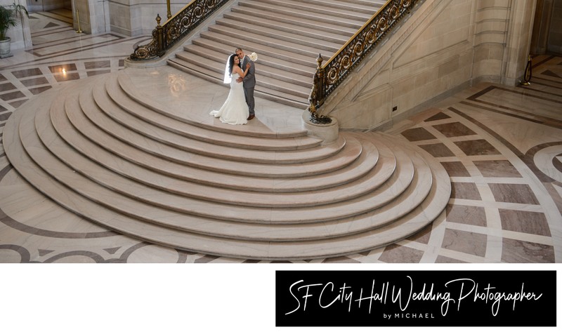 The San Francisco city hall grand staircase looking down from above