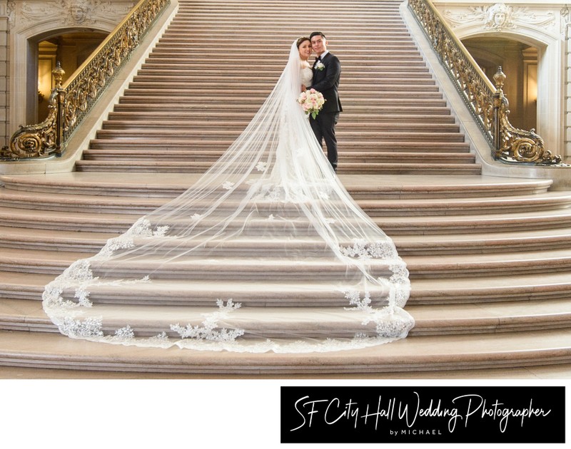 Regal looking wedding photography on the Grand Staircase at City Hall
