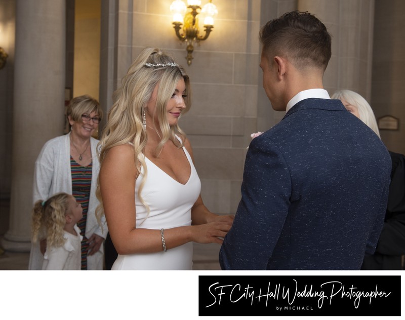 Close up of bride during city hall wedding ceremony