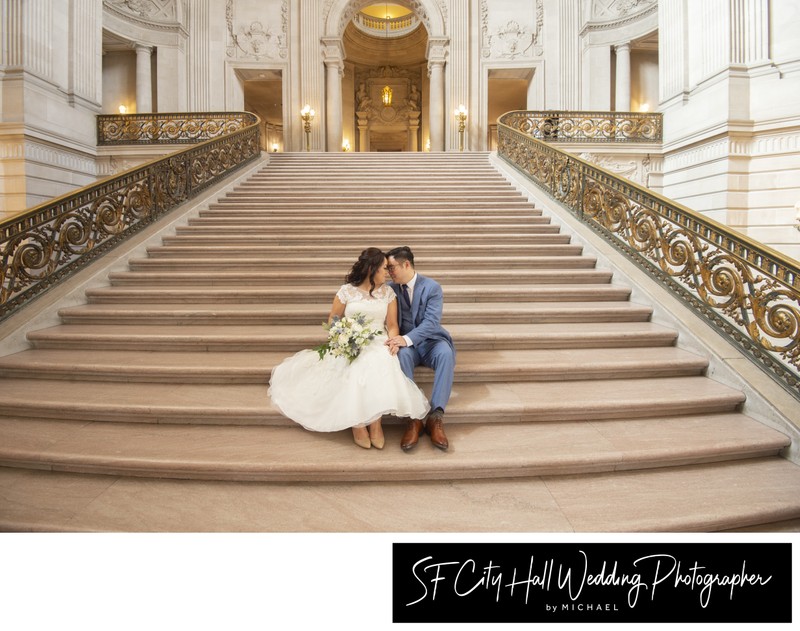 Wedding photography on the Grand Staircase, looking up to the Rotunda