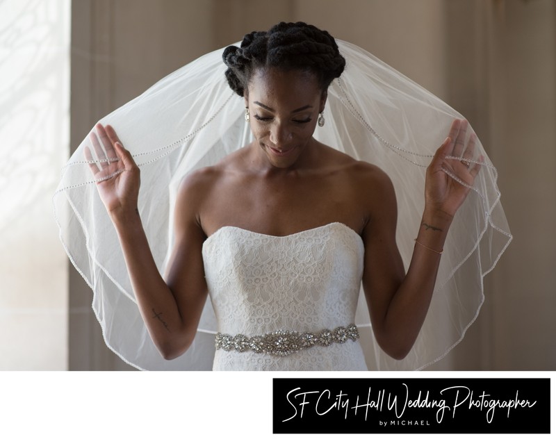 bride holding veil out for professional wedding photography image