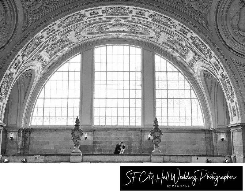 Black and white city hall architecture wedding photo