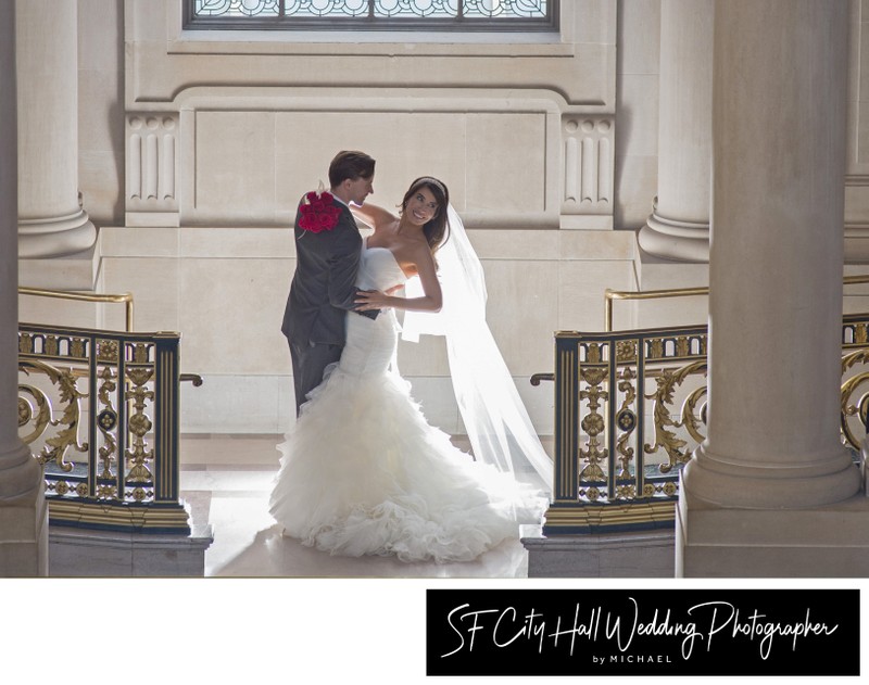 Beautiful wedding picture with backlighting at SF city hall