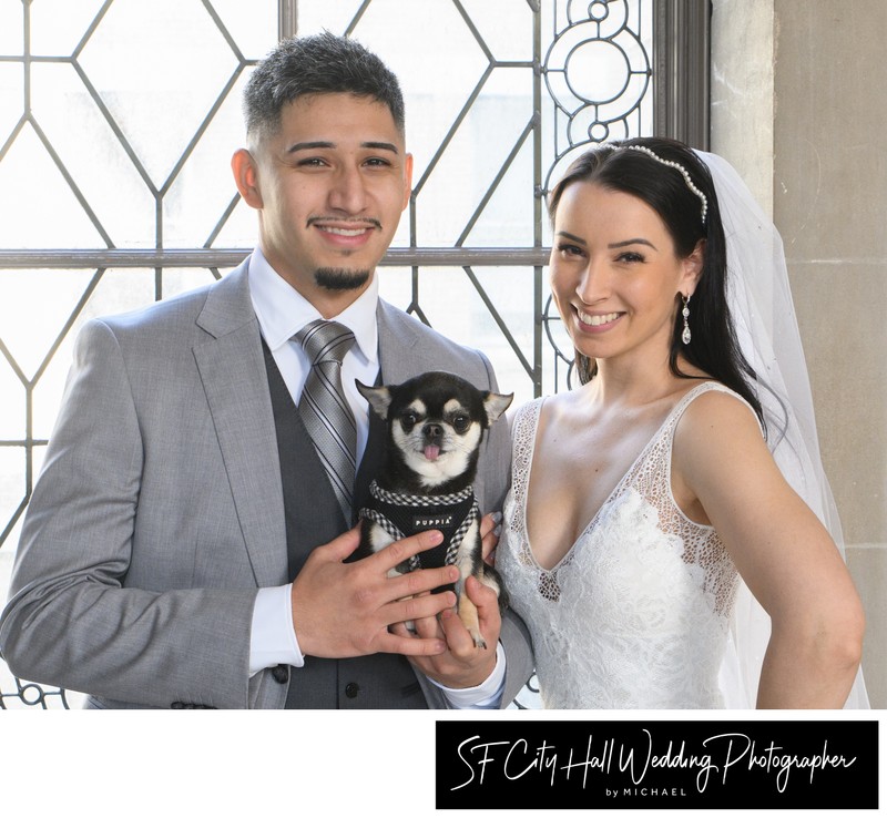 Newlyweds at San Francisco city hall with Dog