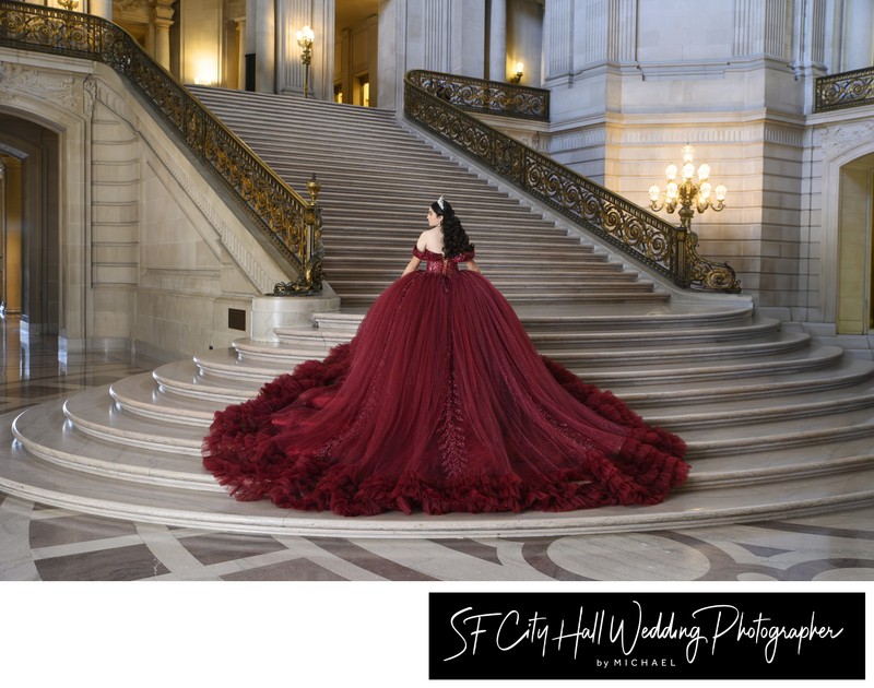 Beautiful and elegant Quinceanera dress on the Grand Staircase at SF City Hall