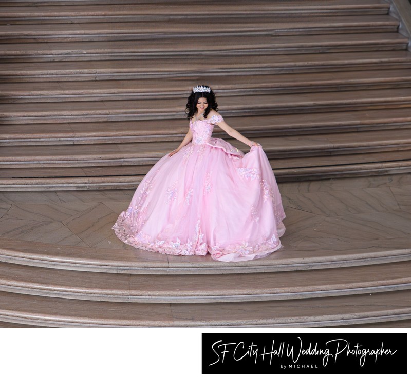 Pink Quinceanera dress on the Grand Staircase at SF City Hall