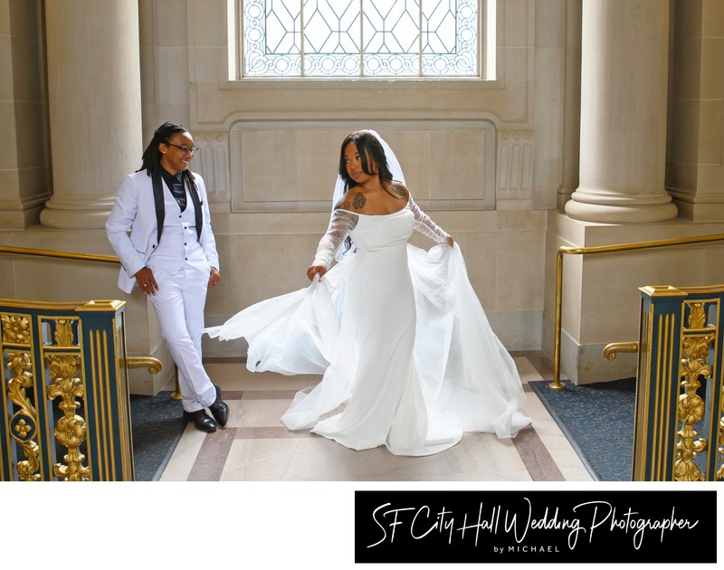 LGBTQ Wedding Bride twirling at SF City Hall