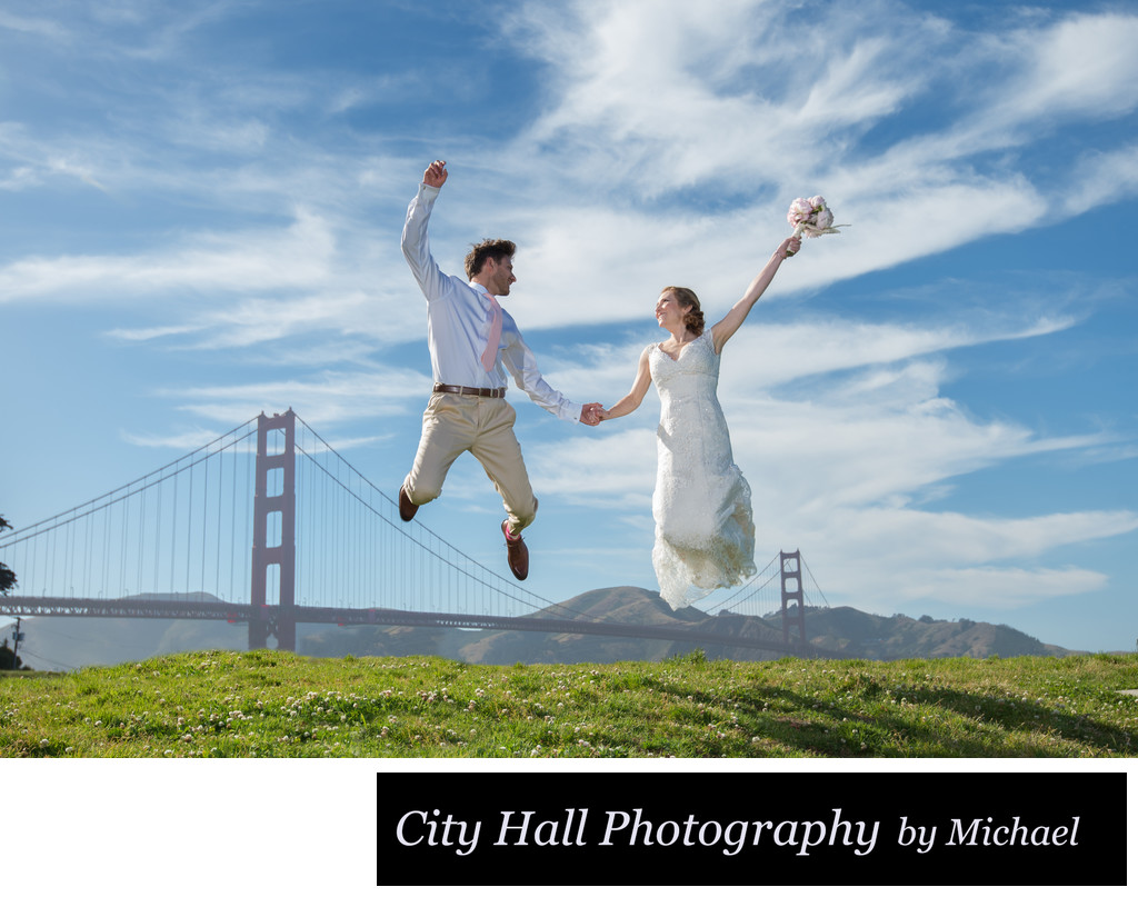Bride groom jumping in San Francisco