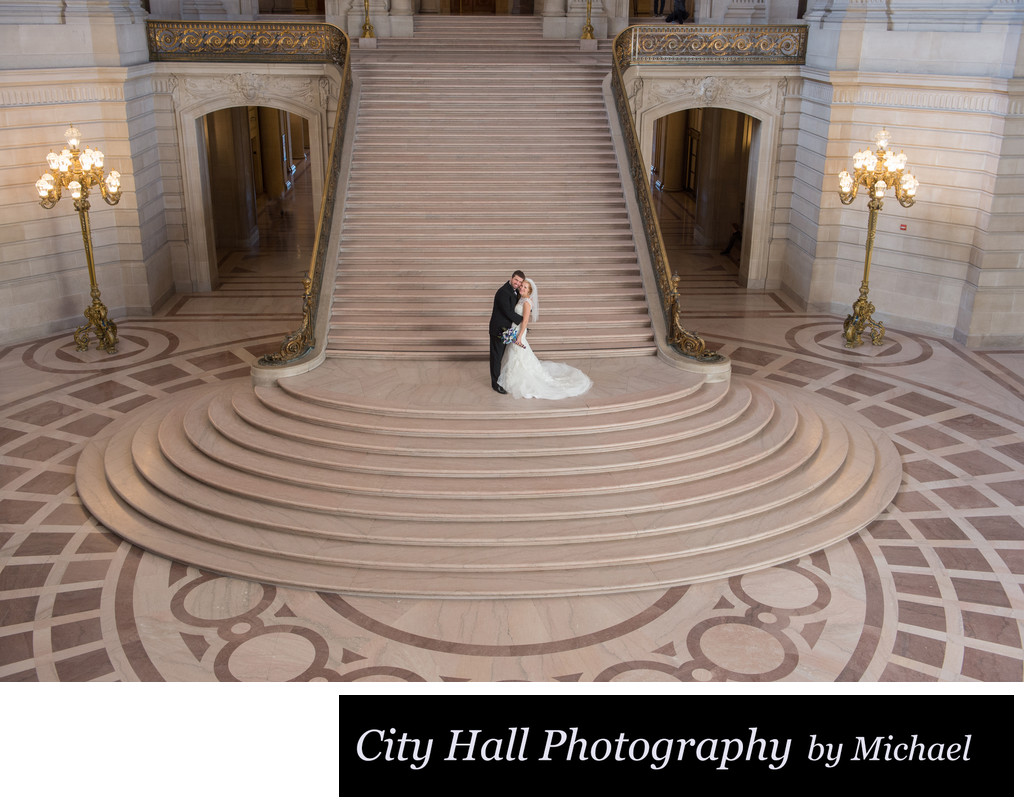 Wide Angle Photo Featuring a City Hall Bride and Groom