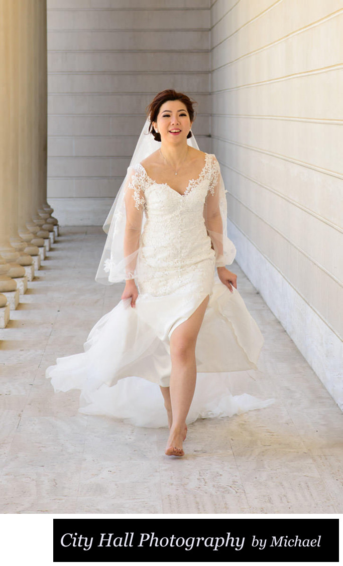 Asian Bride running  at the Legion of Honor in San Francisco