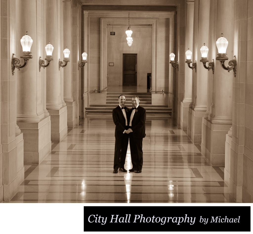 City Hall same sex ceremony posing in the Hallway in Sepia Tone