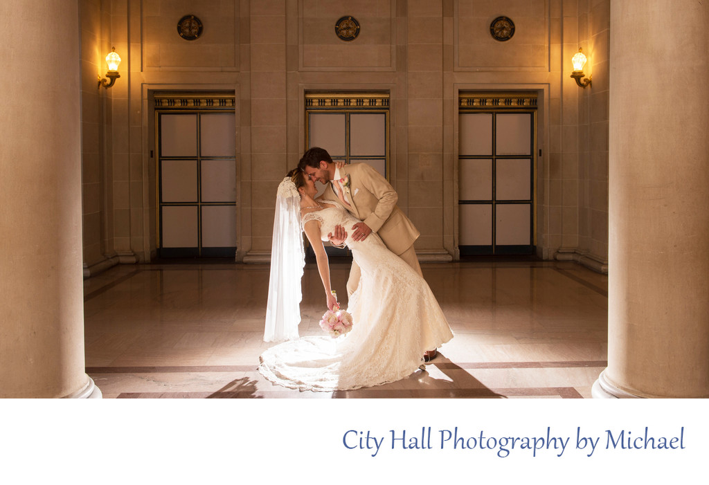 creative wedding photography at city hall with silhouette