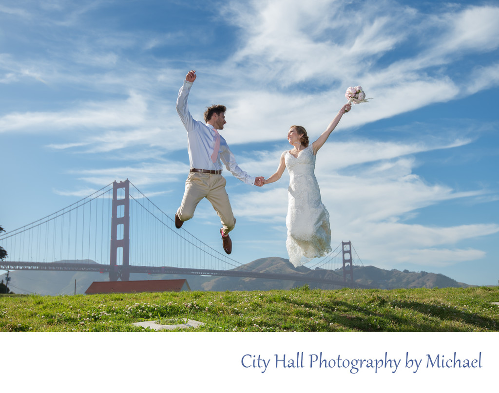 Golden Gate Bridge jump at Crissy Field in SF - wedding photography