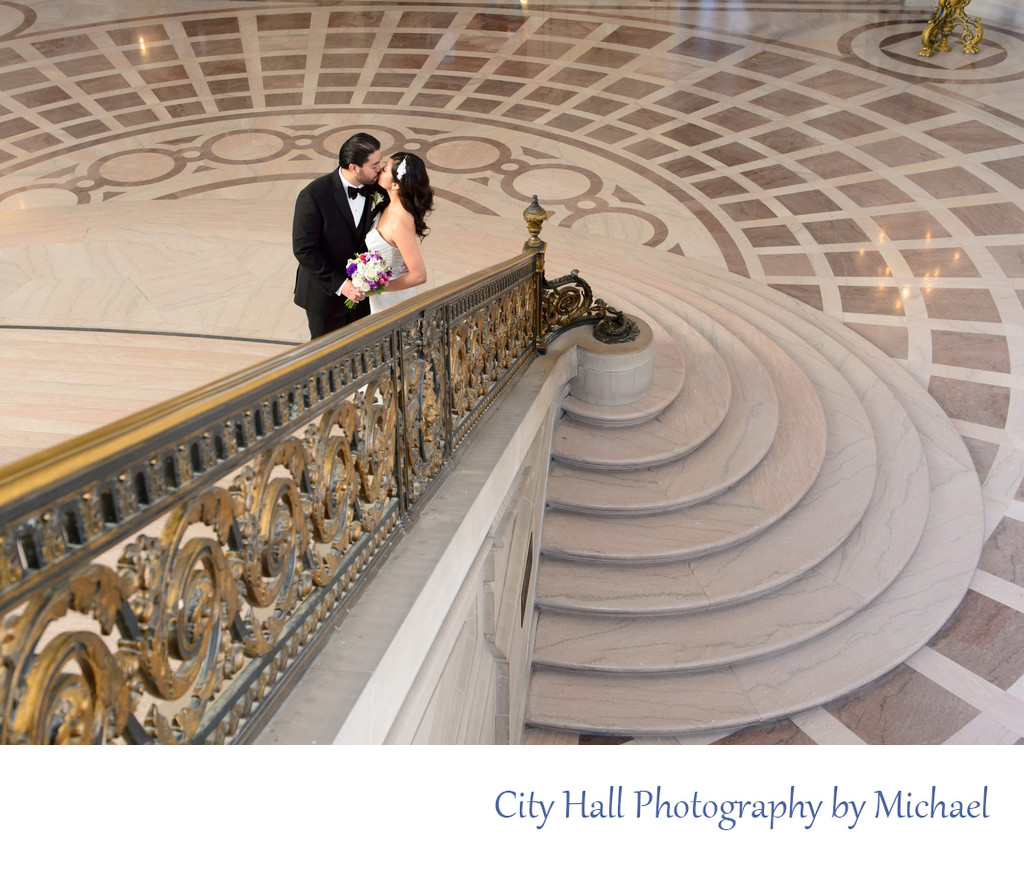 Grand Staircase Railing Photography at San Francisco City Hall -bride and groom posing