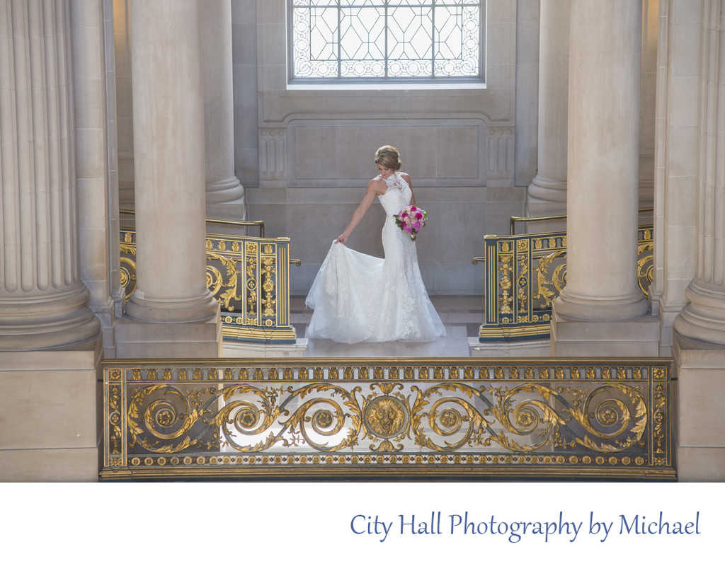 SF City Hall Bride checks wedding gown with Bouquet