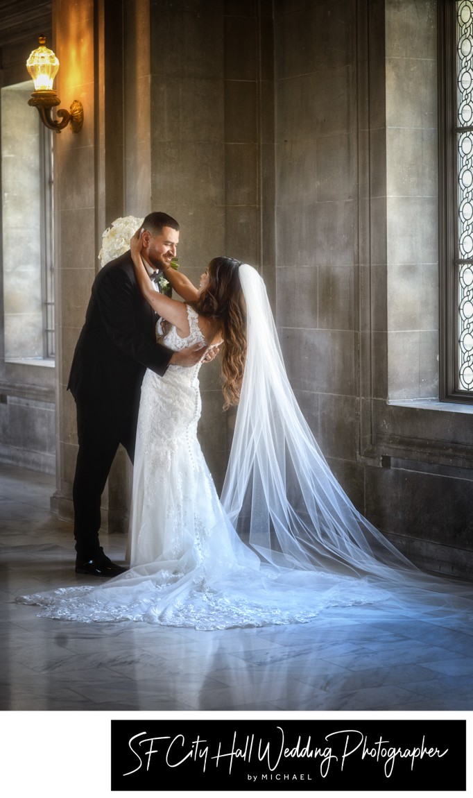 Natural light wedding photography by San Francisco city hall window