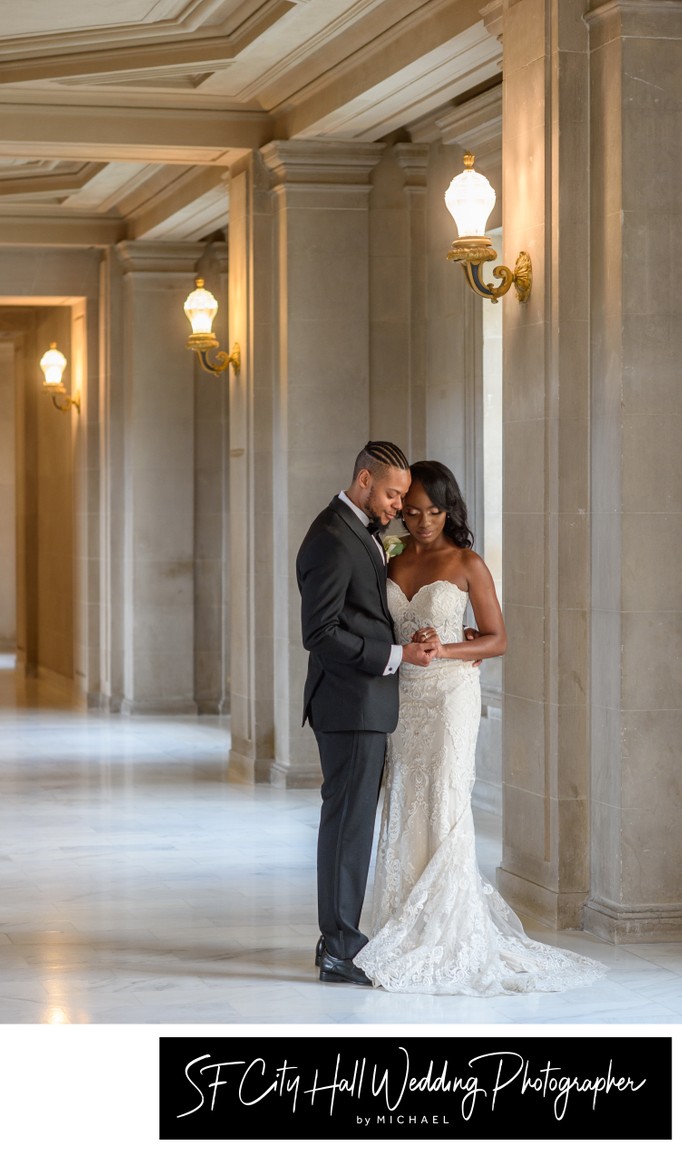 Romantic connection between SF city hall bride and groom - wedding photography