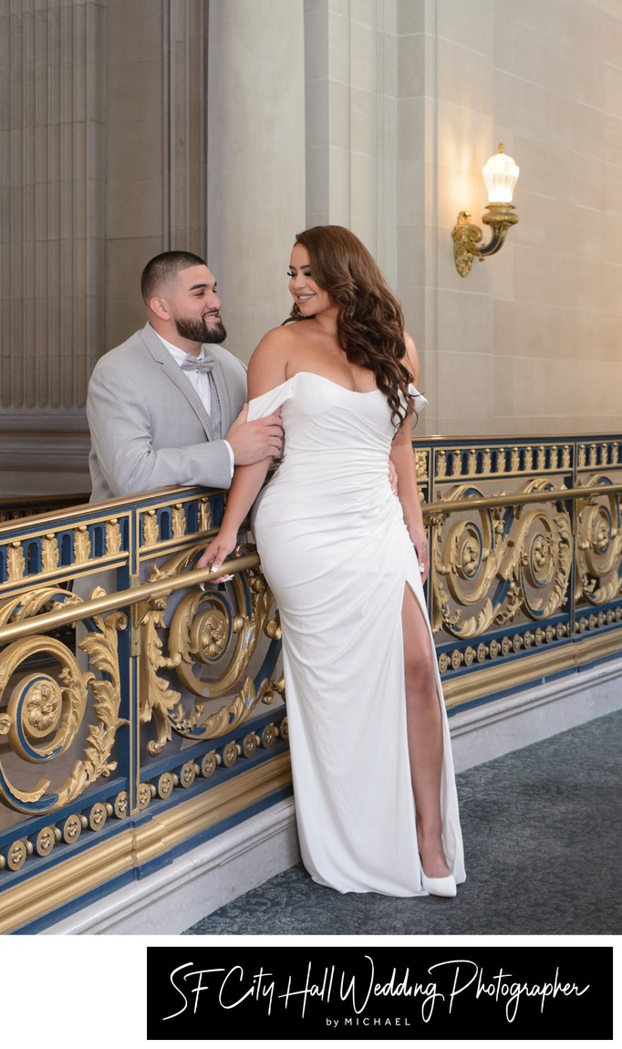 San Francisco city hall railing image with Bride and Groom