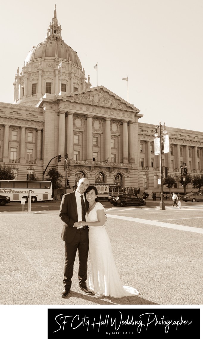 Sepia tone wedding photography image of the outside of San Francisco city hall