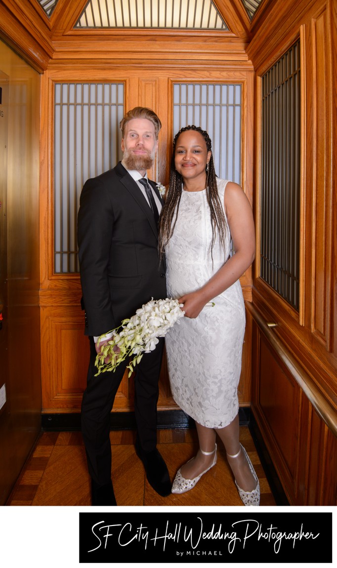 Wedding picture in San Francisco city hall elevator