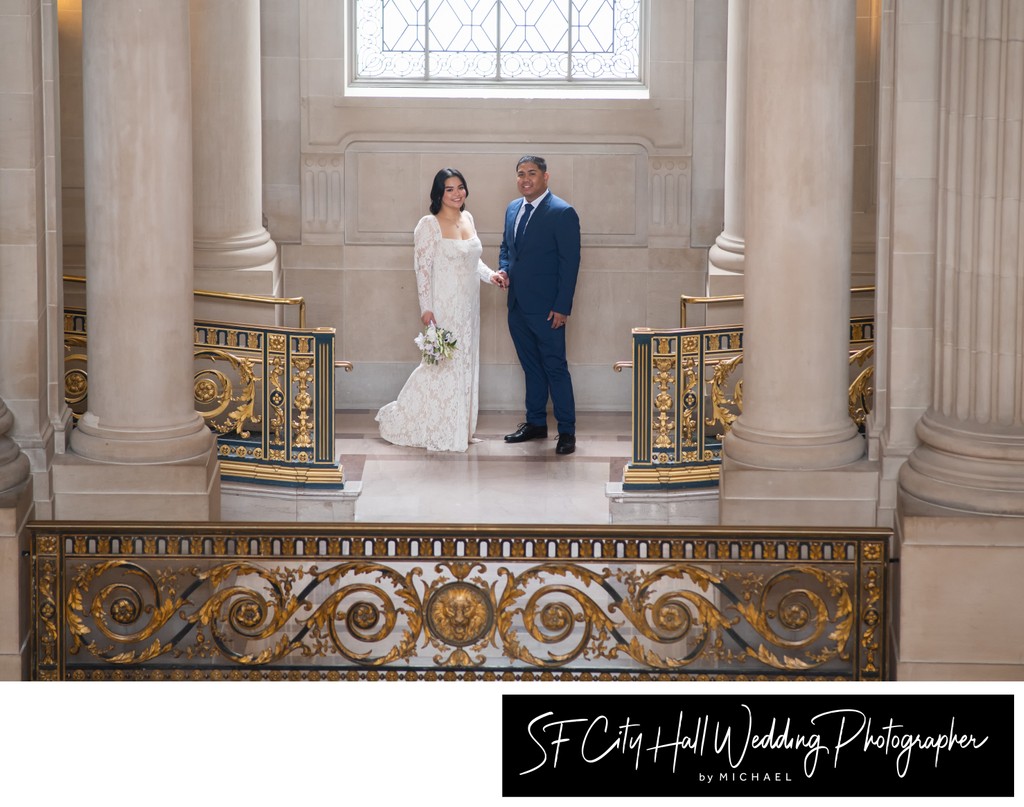 SF city hall wedding photography image taken across the building