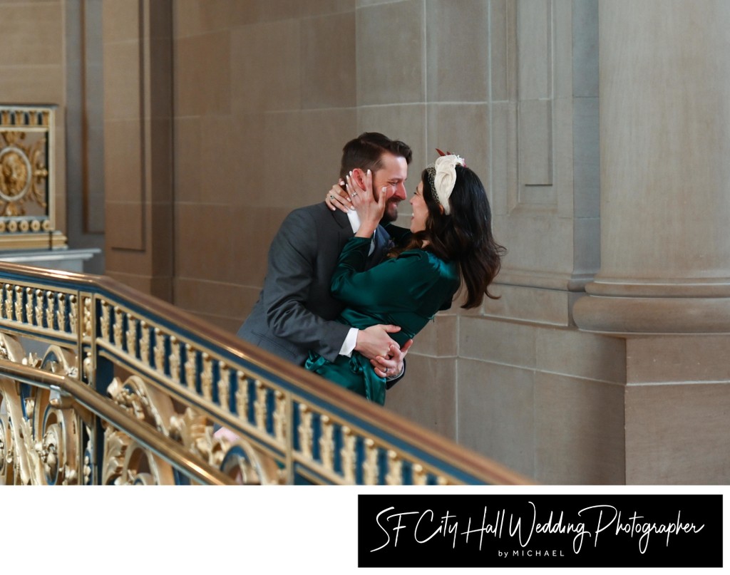 SF City Hall wedding photography of bride and groom laughing