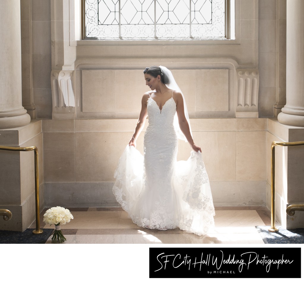San Francisco City Hall Bride posing with beautiful back light