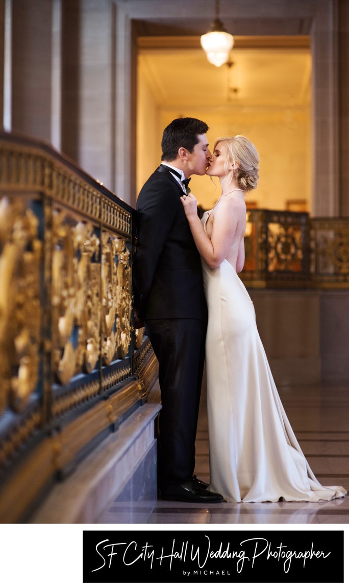 Elegant Bride and Groom posing at SF City Hall