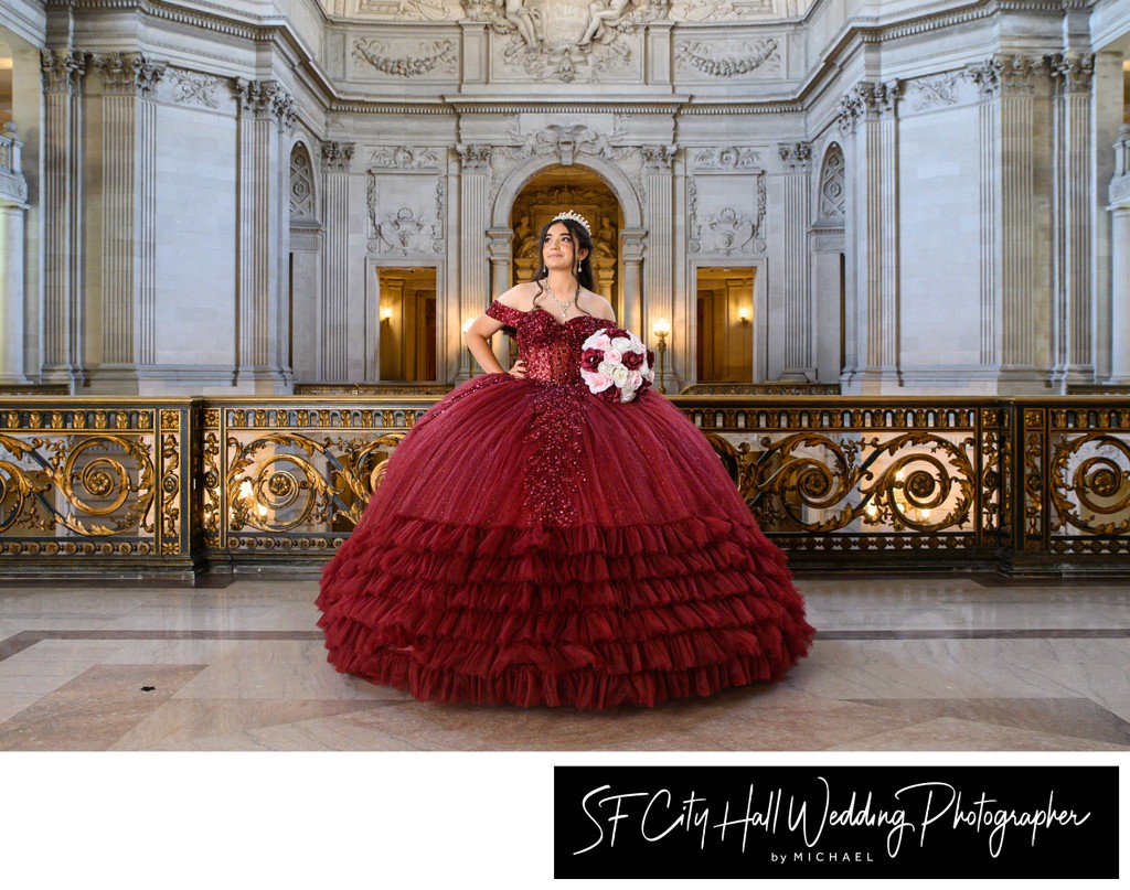 Red Quinceanera dress at SF City Hall - portrait photography