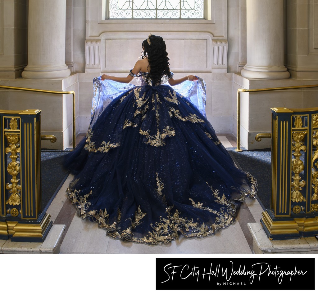 Quinceanera Dress glowing for San Francisco city hall photo