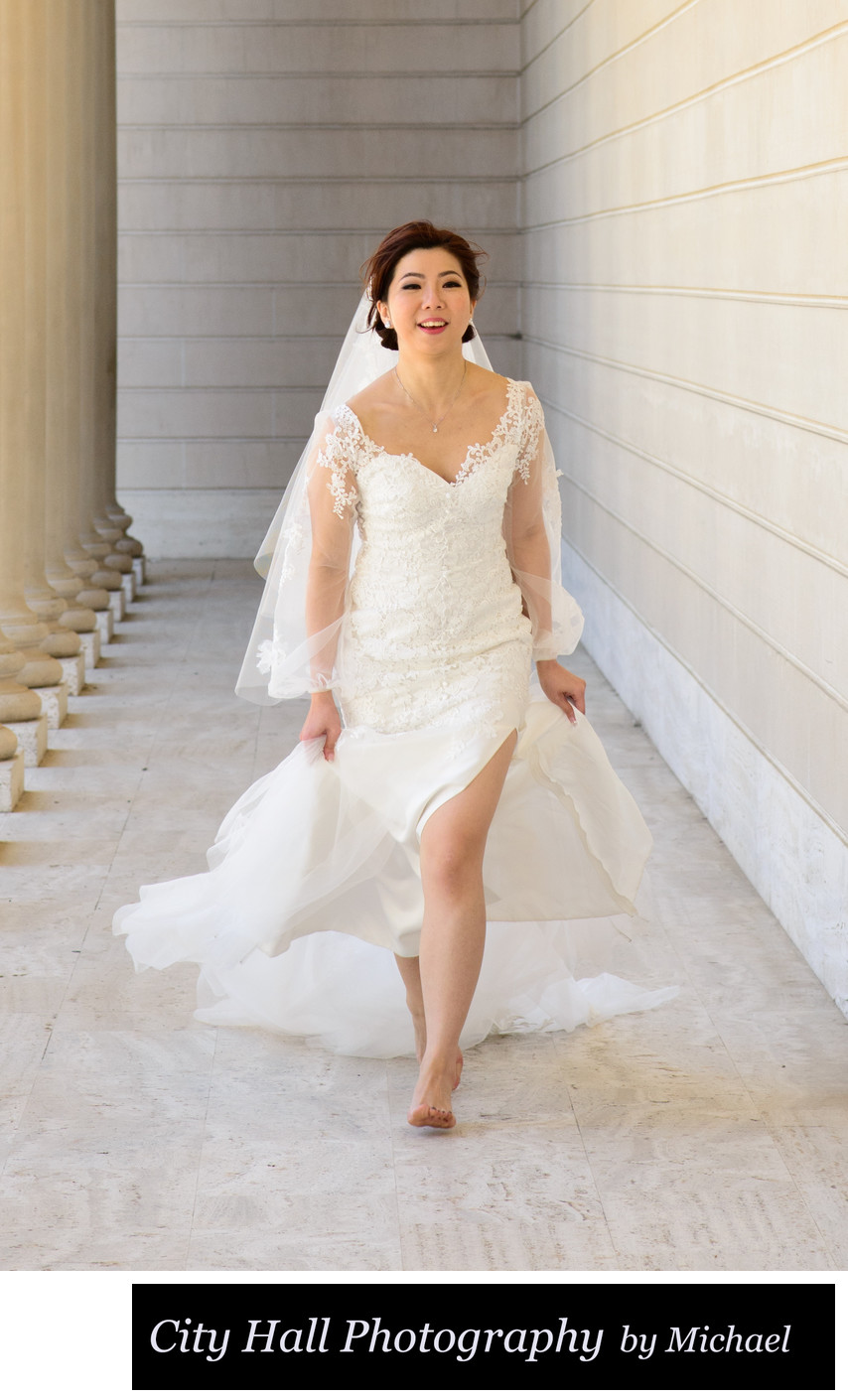 Asian Bride Running at the Legion of Honor In San Francisco