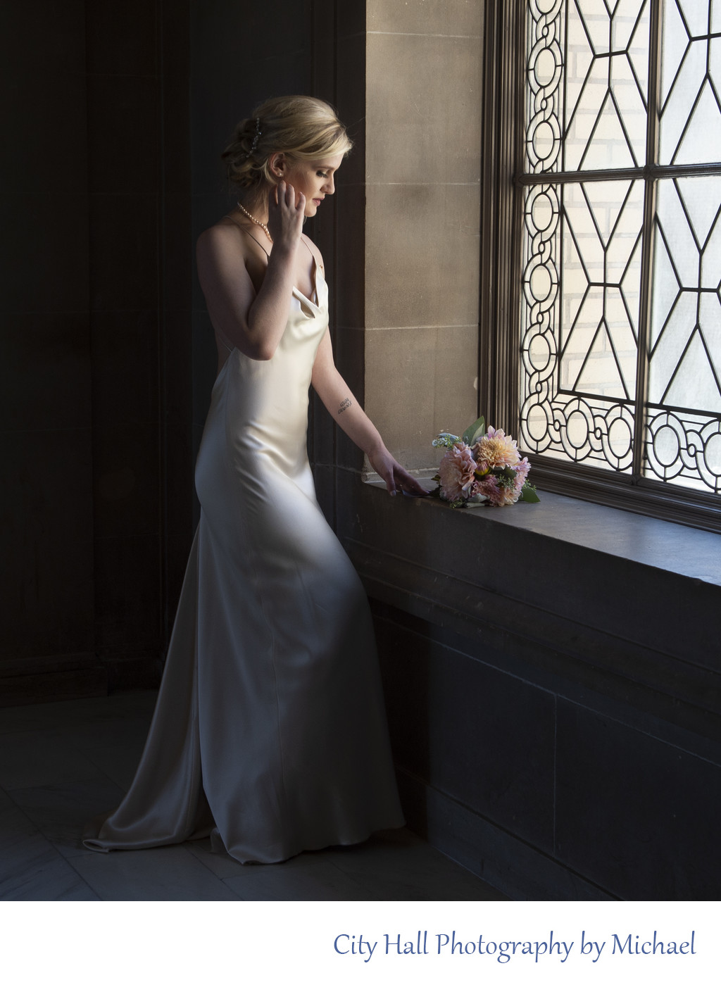 San Francisco City Hall Wedding Photographer - Evening Window of beautiful bride