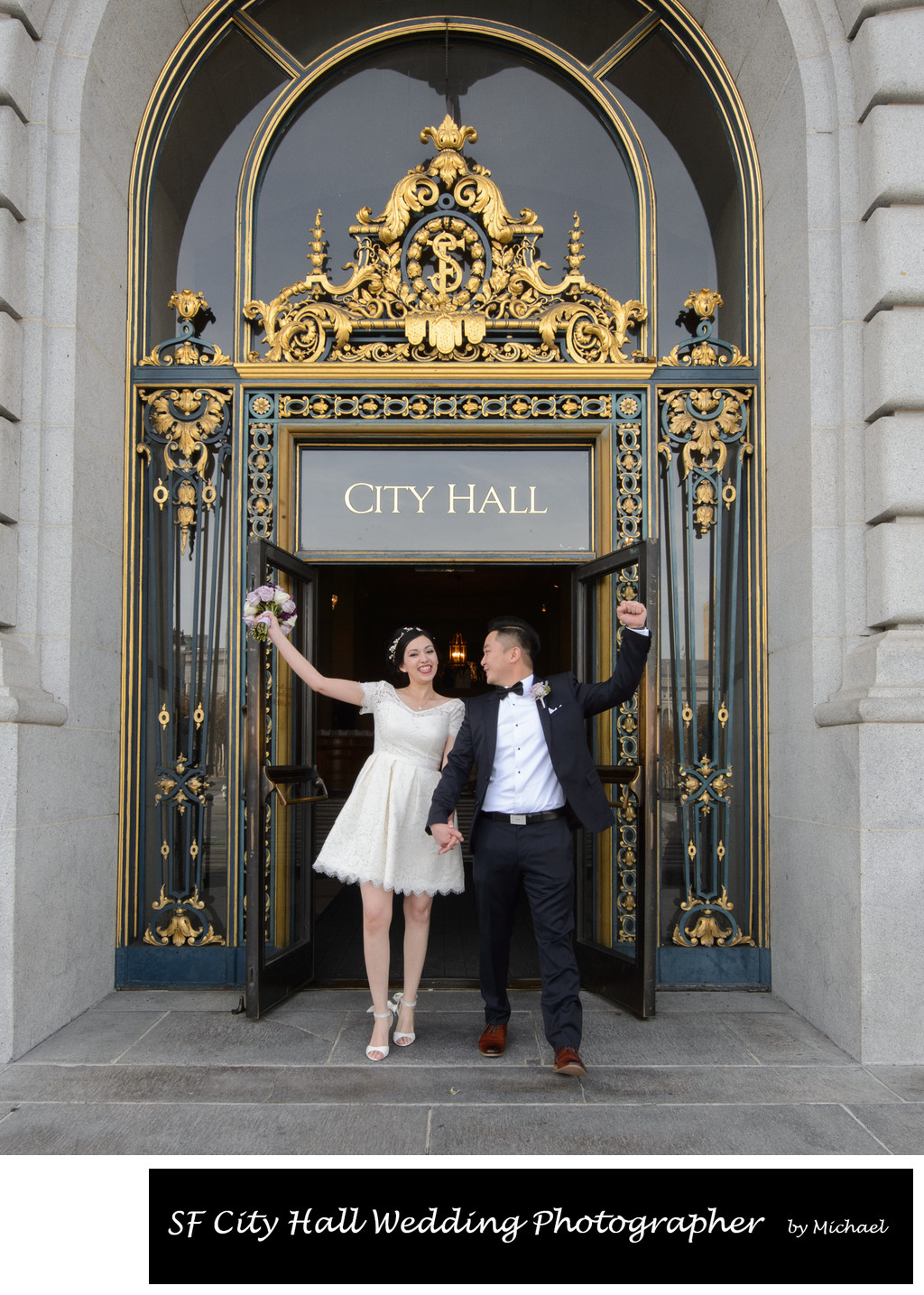 Newlyweds Walking out of San Francisco City Hall Celebrating