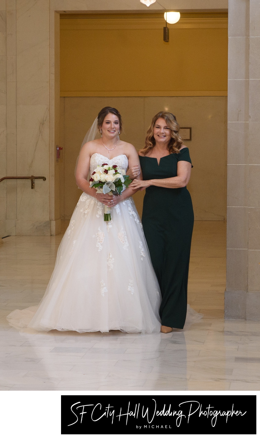 Bride with Mom Walking into City Hall Wedding Ceremony