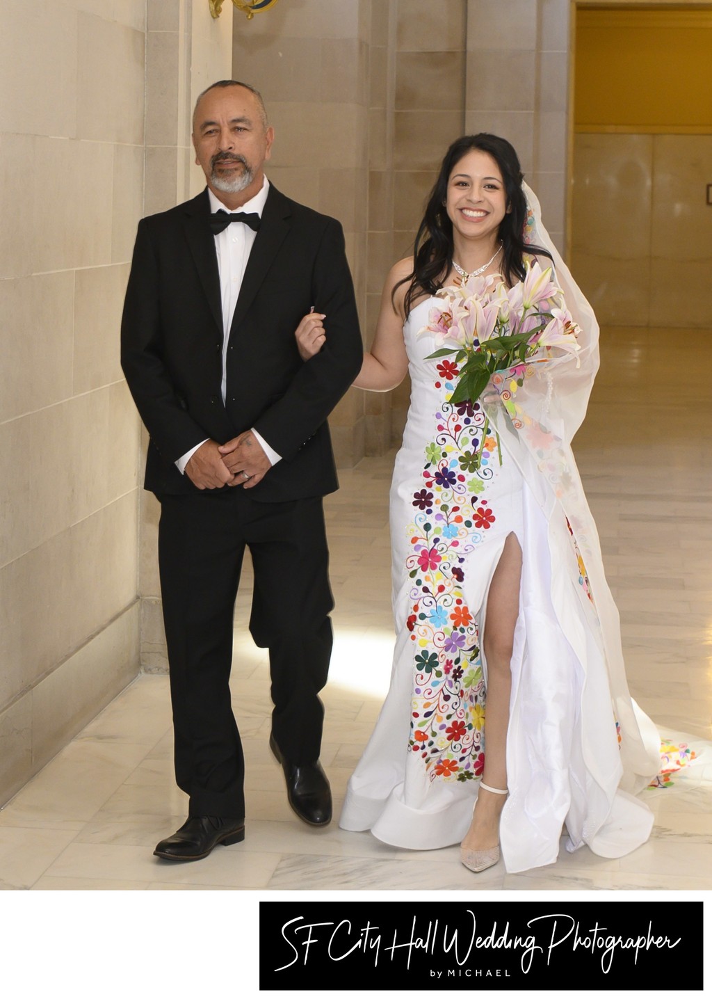 LGBTQ+ bride escorted by her Father to Reserved City Hall ceremony