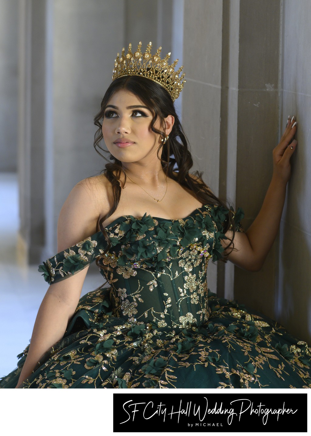 Quince photography with green dress in San Francisco