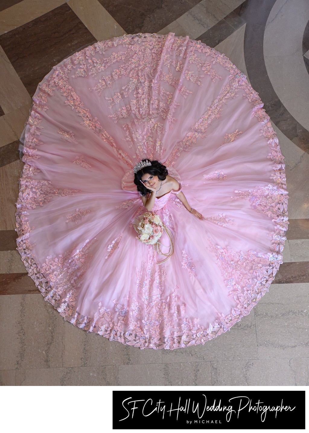 Quinceanera photography looking down at girl at city hall