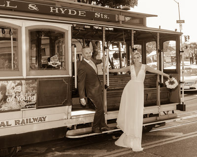 San Francisco Cable car bride and groom in Sepia Tone