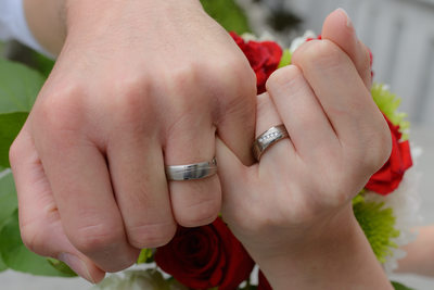 Wedding Rings hands together and interlocked at the fingers
