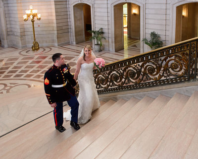 Bride and Groom Making the Long Walk up The Grand Staircase
