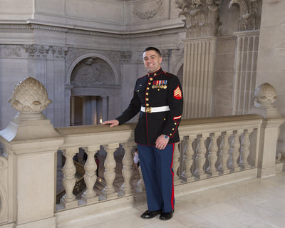 Marine Sergeant Posing for Wedding Pictures in San Francisco