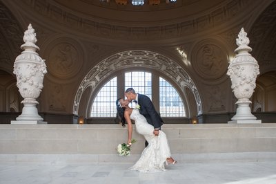 San Francisco city hall wedding photographer dance dip at North Gallery