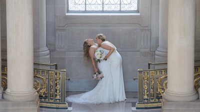 Fun San Francisco city hall wedding photography with LGBTQ couple