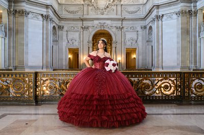 Red Quinceanera dress at SF City Hall - portrait photography