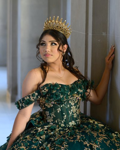 Quince photography with green dress in San Francisco
